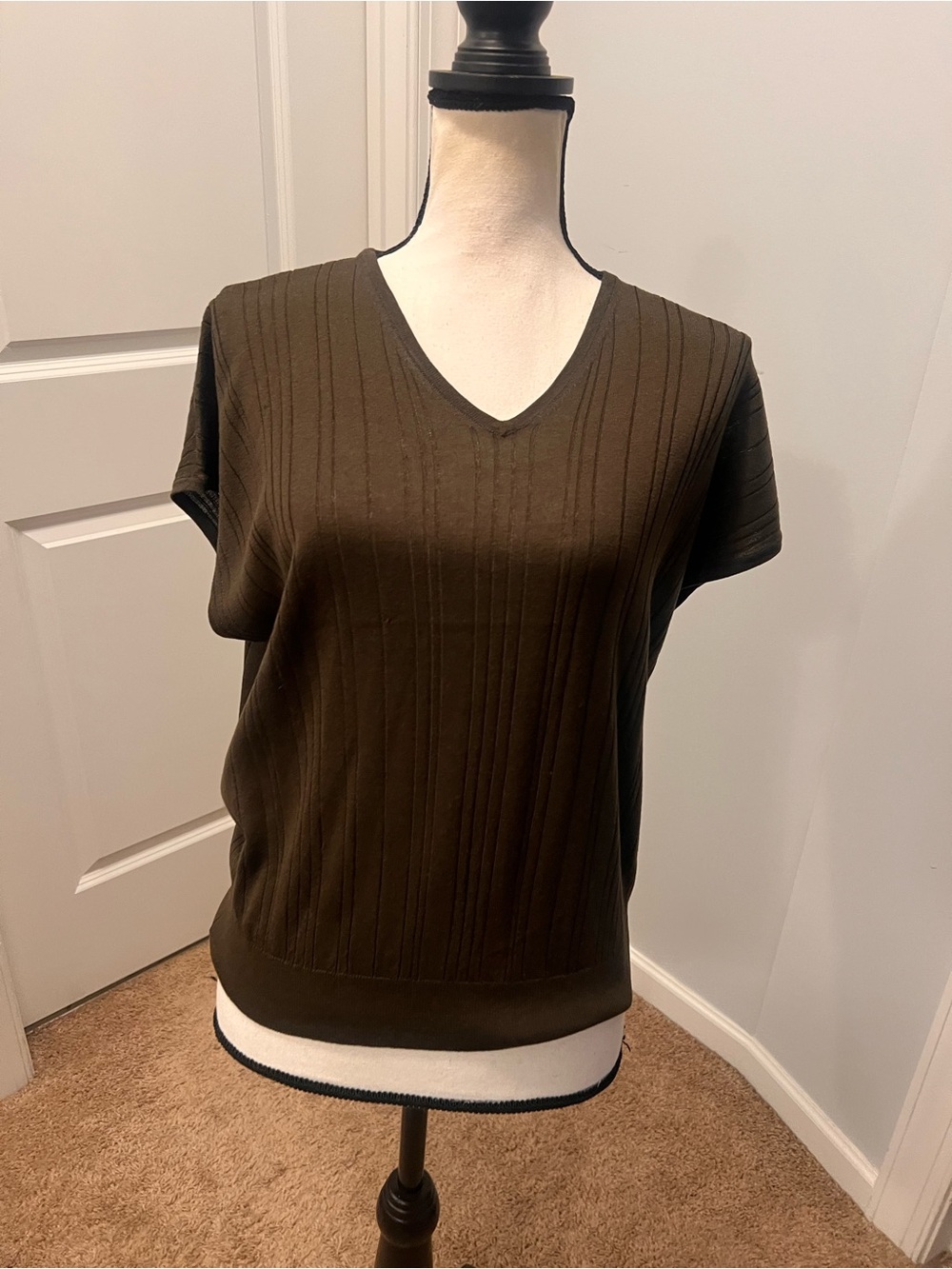 Adrianna Papell Brown Ribbed Knit V-Neck Top Size XS nwot